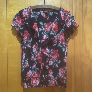 A.Byer Blouse Womens L Black Ruffle Red Rose Print Retro Style Whimsigoth